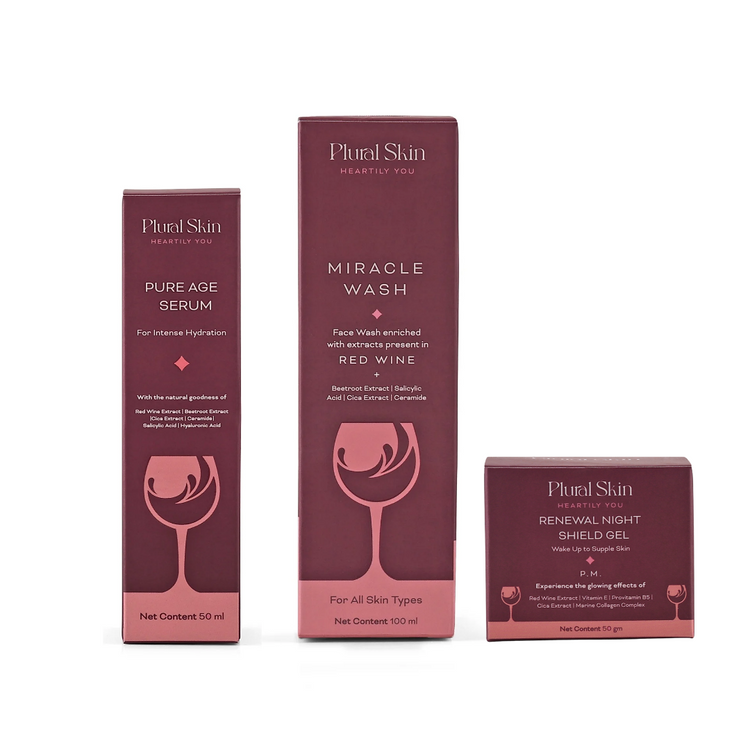 Red Wine Skincare Ritual - Pack of Miracle Wash, Pure Age Serum  and Renewal Night Sheild Gel